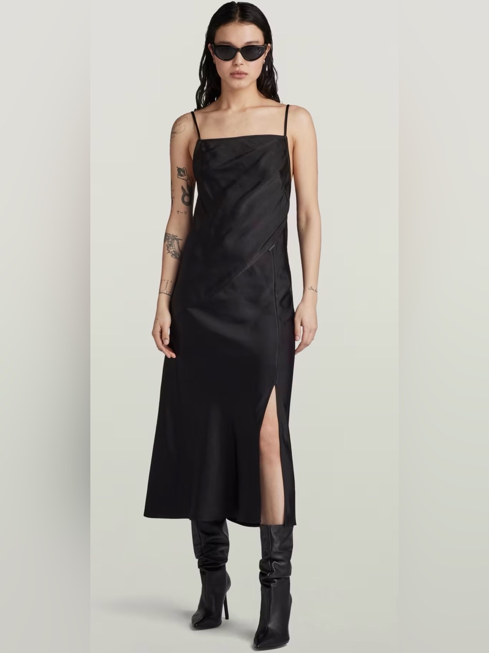 G Star Raw Satin Black Slip Dress with Side Slit Thin Straps Crushed Satin Small